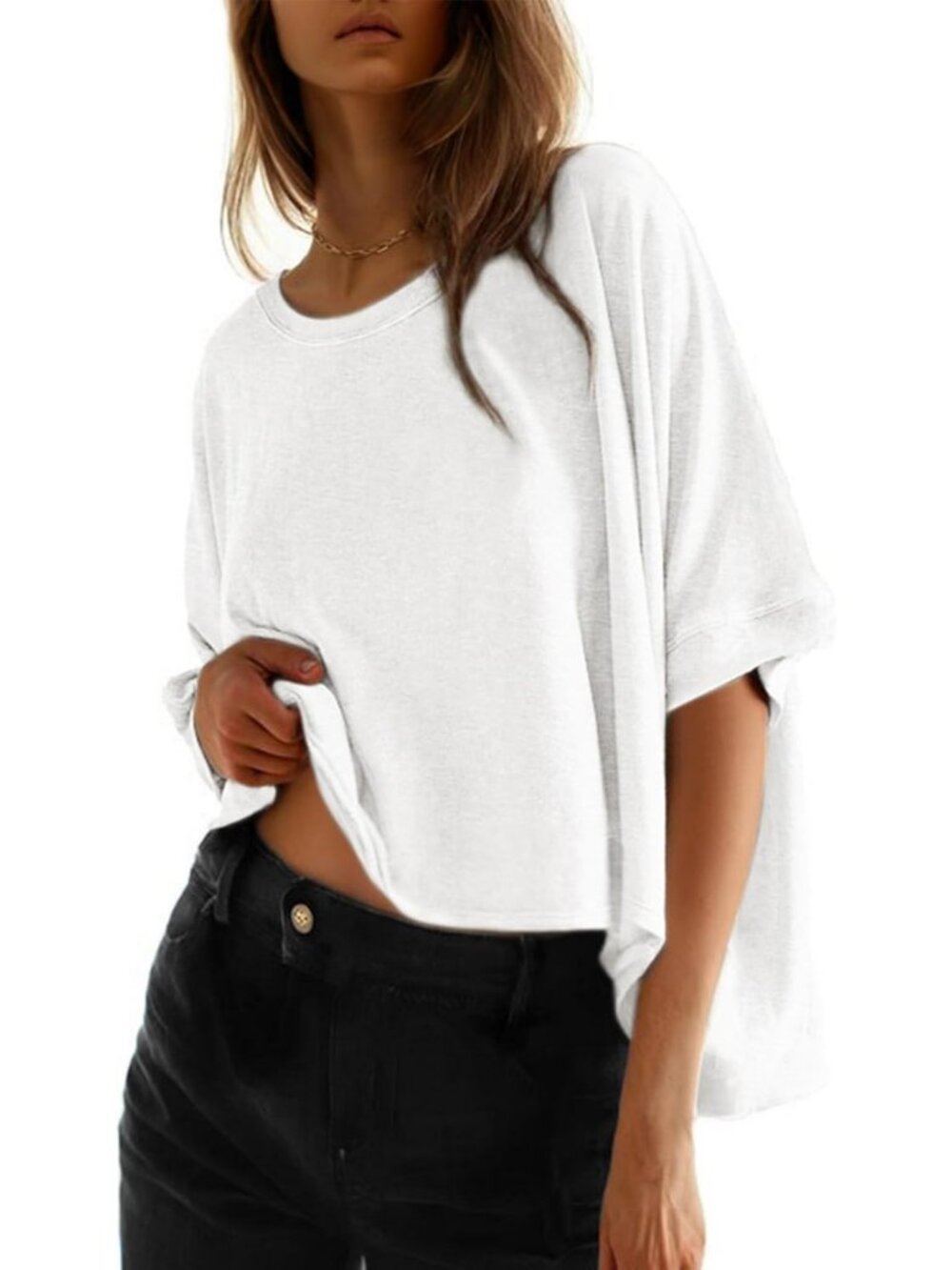 Women's White Round Neck Casual Crop Tops Short Sleeve Pull On Basic Tee Shirts